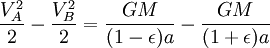 \ Frac {V_A ^ 2} {2} - \ frac {V_B ^ 2} {2} = frac {} {GM (1- \ epsilon) a} \ - \ frac {} {GM (1+ \ epsilon) un }