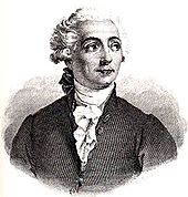 Un dessin d'un jeune homme tourné vers le spectateur, mais en regardant sur le côté. Il porte une perruque frisée blanche, costume sombre et écharpe blanche.