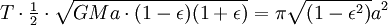 T \ cdot \ begin {matrix} \ frac {1} {2} \ end {matrix} \ cdot \ sqrt {GMa \ cdot (1- \ epsilon) (1+ \ epsilon)} = \ pi \ sqrt {(1 - \ epsilon ^ 2)} a ^ 2