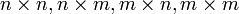 n fois, n \ fois M, M \ times n, m \ times m n \