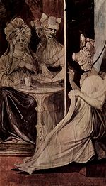 Trois femmes assises autour d'une petite table, une couture, une boire une tasse de ce qui est probablement le thé. Tous les trois sont tirés de regarder presque horrible. La troisième femme regarde comme si elle a deux têtes, mais il se peut que, il ya quatre femmes. Les têtes des femmes ne regardent pas, ils sont à l'aise sur leur corps. Les couleurs sont rouge foncé, noir, brun, et d'amande.