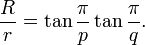 {R \ over r} = \ tan \ frac {\ pi} tan \ frac {\ pi} {p} \ {q}.