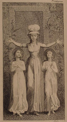 Gravure montrant une enseignante tenant ses bras en forme de croix. Il ya un enfant de sexe féminin de chaque côté d'elle, à la fois regarder vers elle.
