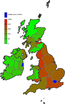 Une carte des îles britanniques montrant la population relative des densités dans la zone.