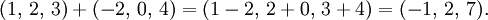(1, \ 2, \, 3) + (-2, \, 0, \, 4) = (1 à 2, \, 2 + 0, \, 3 + 4) = (- 1, \, 2 , \, 7). \,