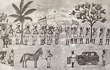 Une ligne de soldats africains soutient un officier allemand se abandonner à un officier britannique soutenu par une ligne similaire de soldats africains.