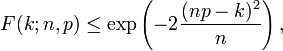 F (k; n, p) \ leq \ exp \ left (-2 \ frac {(np-k) ^ 2} {n} \ right), \!