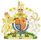 Blason contenant bouclier et la couronne dans le centre, flanqué de lion et la licorne