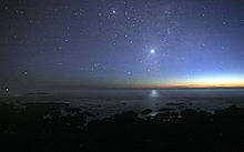Une photographie du ciel nocturne prises du bord de mer. Une lueur de soleil est à l'horizon. Il existe de nombreuses étoiles visibles. Vénus est au centre, beaucoup plus lumineux que l'une des étoiles, et sa lumière peut être vu reflétée dans l'océan.