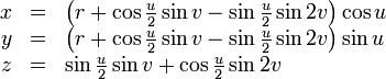 \ Begin {array} {RCL} x & = & \ gauche (R + \ cos \ frac {u} {2} \ péché v - \ sin \ frac {u} {2} \ péché 2v \ right) \ cos u \\ & y = & \ gauche (R + \ cos \ frac {u} {2} \ péché v - \ sin \ frac {u} {2} \ sin 2v \ right) \ sin u \\ & z = & \ sin \ frac {u} {2} \ péché v + \ cos \ frac {u} {2} \ péché 2v \ end {array}