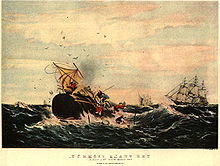 Peinture d'un cachalot détruire un bateau, avec d'autres bateaux dans le fond