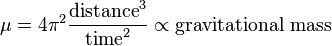 \ Mu = 4 \ pi ^ 2 \ frac {\ text {distance} ^ 3} {\ text {heure} ^ 2} \ propto \ text {de masse gravitationnelle}
