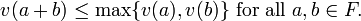 v (a + b) \ le \ mathrm {max} \ {v (a), v (b) \} \ text {} pour tous a, b \ in F.