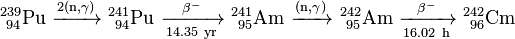 \ Mathrm {^ {239} _ {\ 94} Pu \ \ xrightarrow {2 (n, \ gamma)} \ ^ {241} _ {\ 94} Pu \ \ xrightarrow [14,35 \ an] {\ beta ^ -} \ ^ {241} _ {\ 95} Am \ \ xrightarrow {(n, \ gamma)} \ ^ {242} _ {\ 95} Am \ \ xrightarrow [16,02 \ h] {\ beta ^ -} \ ^ { 242} _ {\} 96 cm}