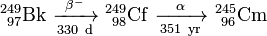 \ Mathrm {^ {249} _ {\ 97} Bk \ \ xrightarrow [330 \ d] {\ beta ^ -} \ ^ {249} _ {\} 98 Cf \ \ xrightarrow [351 \ an] {\ alpha} \ ^ {245} _ {\} 96 cm}