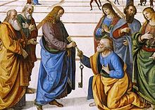Peinture d'un Jésus-Christ auréolé passant clés à un homme agenouillé.