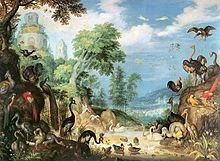 Peinture d'une forêt remplie d'oiseaux, y compris un Dodo