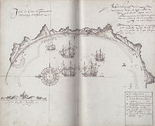 Old carte montrant une baie mauricienne, avec un D indiquant où Dodos ont été trouvés