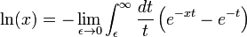 \ Ln (x) = - \ lim _ {\ epsilon \ 0} \ int_ \ epsilon ^ \ infty \ frac {dt} {t} \ left (e ^ {- xt} - e ^ {- t} \ right)