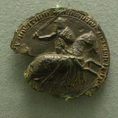 Partie ruiné joint noir, montrant Édouard III à cheval, en armure et l'épée levée.