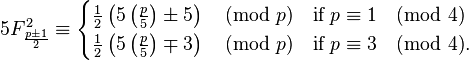 5F ^ 2 _ {\ frac {p \ h 1} {2}} \ equiv \ begin {cas} \ frac {1} {2} \ left (5 \ gauche (\ frac {p} {5} \ right) \ 5 h \ right) \ pmod p & \ textrm {if} \; p \ equiv 1 \ 4 pmod \\ \ frac {1} {2} \ left (5 \ gauche (\ frac {p} {5} \ right ) \ mp 3 \ right) \ pmod p & \ textrm {if} \; p \ equiv 3 \ pmod 4. \ end {} cas