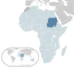 Localisation du Soudan (bleu foncé) - en Afrique (gris bleu et foncé) - dans l'Union africaine (bleu clair)