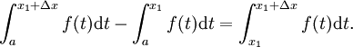 \ Int_ {a} ^ {x 1 + \ Delta x} f (t) \ mathrm dt - \ int_ {a} ^ {} x_1 f (t) \ mathrm dt = \ {int_ x_1} ^ {x 1 + \ Delta x } f (t) \ mathrm dt.