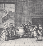Raffinement rencontre burlesque Restauration comédie. Dans cette scène de l'amour de George Etherege dans un remous, des musiciens et des dames bien élevées entourent un homme qui porte une baignoire parce qu'il a perdu son pantalon.