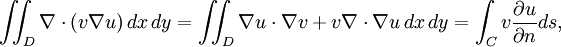 \ Iint_D \ nabla \ cdot (v \ nabla u) \, dx \, dy = \ iint_D \ nabla u \ cdot \ nabla v + v \ nabla \ cdot \ nabla u \, dx \, dy = \ int_C v \ frac {\ partie u} {\ n} partie ds, \,