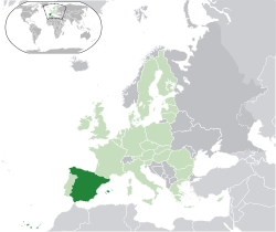 Situation de l'Espagne (vert foncé) - en Europe (vert et gris foncé) - dans l'Union européenne (vert) - [Légende]