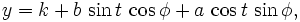 y = k + b \, \ sin t \, \ cos \ phi + a \, \ cos t \, \ sin \ phi, \!