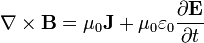 \ Nabla \ times \ mathbf {B} = \ mu_0 \ mathbf {J} + \ mu_0 \ varepsilon_0 \ frac {\ partial \ mathbf {E}} {\ partial t} \