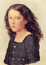 aquarelle d'un enfant de sexe masculin avec des cheveux noirs mi-longs curling aux extrémités, vêtu d'un coton bleu foncé changement, corps à demi tourné vers la gauche, mais la tête du sujet face spectateur