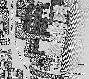 The Old Palace was a complex of buildings, separated from the River Thames in the east by a series of gardens. The largest and northernmost building is Westminster Hall, which lies parallel to the river. Several buildings adjoin it on the east side, south of those and perpendicular to the Hall is the mediaeval House of Commons, further south and parallel to the river is the Court of Requests, with an eastwards extension at its south end, and at the south end of the complex lie the House of Lords and another chamber. The Palace was bounded by St Margaret's Street to the west and Old Palace Yard to the south-west; another street, New Palace Yard, is just visible to the north.