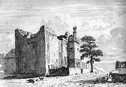 Lithographie dessin montrant une grande maison seigneuriale en ruines