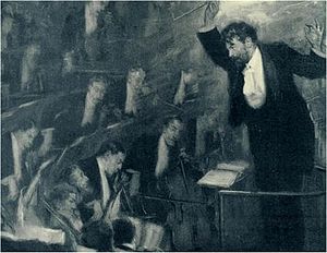 homme barbu en robe de soirée vu de sa gauche, la direction d'orchestre et de faire un geste dramatique, tenant le bâton sur la tête haute