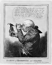 Une durée de haute Napoléon se dresse sur la main tendue d'une pleine grandeur George III, qui scrute sur lui à travers une lorgnette.