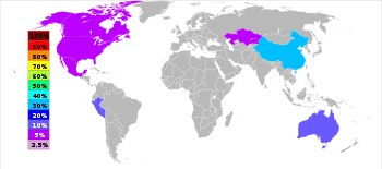 Mappemonde reviealing qu'environ 40% de zinc est produit en Chine, 20% en Australie, 20% au Pérou, et 5% aux États-Unis, le Canada et le Kazakhstan chacun.