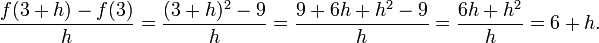 {F (3 + h) -f (3) \ over h} = {(3 + h) ^ 2-9 \ over {h}} = {9 + 6h + h ^ 2-9 \ over {h}} = {6h + h ^ 2 \ over {h}} = 6 + h.