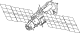 Un diagramme de ligne d'un module Kvant 2 de la station spatiale, constituée par une forme cylindrique étagée. Deux grands panneaux solaires projettent du centre du module sur la section plus large, et un sas en forme de cône est vu à l'extrémité distale de la section plus étroite. Diverses pièces sphériques de l'équipement et des antennes projet à partir du module.