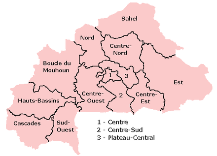 Une carte cliquable du Burkina Faso présentant ses 13 régions administratives.