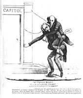 l'image de bande dessinée d'un homme plus âgé cheval sur le dos d'un autre homme plus âgé et trébuchant vers les marches d'un édifice étiquetés