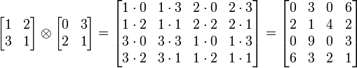 \ Begin {} bmatrix 1 & 2 & 3 1 \\ \\ \ end {bmatrix} \ otimes \ begin {} bmatrix 0 et 3 \\ 2 & 1 \\ \ end {} bmatrix = \ begin {} bmatrix 1 \ cdot 0 & 1 \ cdot 3 & 2 \ cdot 0 et 2 \ cdot 3 \\ 1 \ cdot 2 & 1 \ cdot 1 & 2 \ cdot 2 & 2 \ cdot 1 \\ 3 \ cdot 0 et 3 \ cdot 3 & 1 \ cdot 0 & 1 \ cdot 3 \\ 3 \ cdot 2 & 3 \ cdot 1 & 1 \ cdot 2 & 1 \ cdot 1 \\ \ end {} bmatrix = \ begin {} bmatrix 0 & 3 & 0 & 6 \\ 2 & 1 & 4 & 2 \\ 0 et 9 et 0 et 3 \\ 6 & 3 & 2 & 1 \ end {} bmatrix