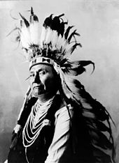 Profil de la tête et le torse d'un homme digne d'environ 60. Il porte un casque doté de nombreux plumes blanches longues avec pointes noires âge. Sa chemise ou vêtement supérieur est sombre, mais ses manches sont blanches. Ovales parallèles décoratifs d'un matériau blanc se étendent sur le devant de ce vêtement du cou à la ventre.