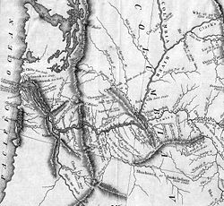 Early carte en niveaux de gris de la partie inférieure du fleuve Columbia et ses affluents et ses environs montrant les emplacements des chaînes de montagnes et les villages indiens de ce qui est aujourd'hui l'est de Washington à l'océan Pacifique.