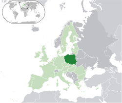Localisation de la Pologne (vert foncé) - en Europe (vert et gris foncé) - dans l'Union européenne (vert) - [Légende]