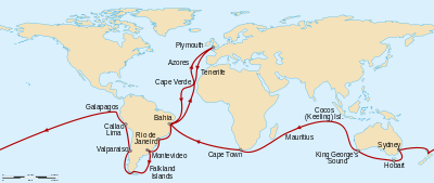 Route de Plymouth, en Angleterre, au sud de Cap Vert puis sud-ouest à travers l'Atlantique à Bahia, au Brésil, au sud de Rio de Janeiro, Montevideo, les îles Falkland, autour de la pointe de l'Amérique du Sud puis au nord jusqu'à Valparaiso et Callao. Au nord-ouest des îles Galapagos avant naviguant vers l'ouest à travers le Pacifique en Nouvelle-Zélande, Sydney, Hobart en Tasmanie et le détroit de King George, en Australie occidentale. Nord-Ouest aux îles Keeling, sud-ouest de l'île Maurice et Cape Town, puis au nord-ouest de Bahia et au nord-est de retour à Plymouth.