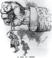 Une caricature politique. A closed fist protrudes from a jacket-sleeve covered in dollar signs; a cuff-link is marked