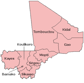 Une carte cliquable du Mali présentant ses huit régions et district de la capitale.
