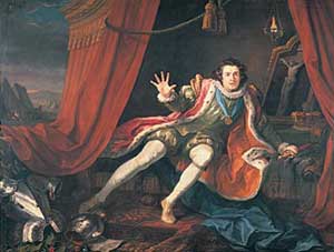 Un jeune acteur-vêtue d'une robe rouge d'hermine tranchant sur un doublet vert et flexible en peluche, avec des bas blancs, et un médaillon en or suspendu à un ruban bleu sur sa huppée cou-tombe mélodramatique sur le canapé dans une tente de rideaux rouges avec glands d'or. A l'intérieur, dans le fond, pend une lampe éclairant une peinture de la crucifixion; en face, un drapé de soie bleue est tombée au sol. Son armure est jeté à sa droite (la gauche du spectateur), ci-dessus, qui montagnes derrière la tente sont visibles dans la distance.